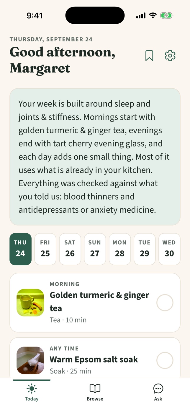 The Today screen in Lost Remedies, showing this morning’s and this evening’s remedies